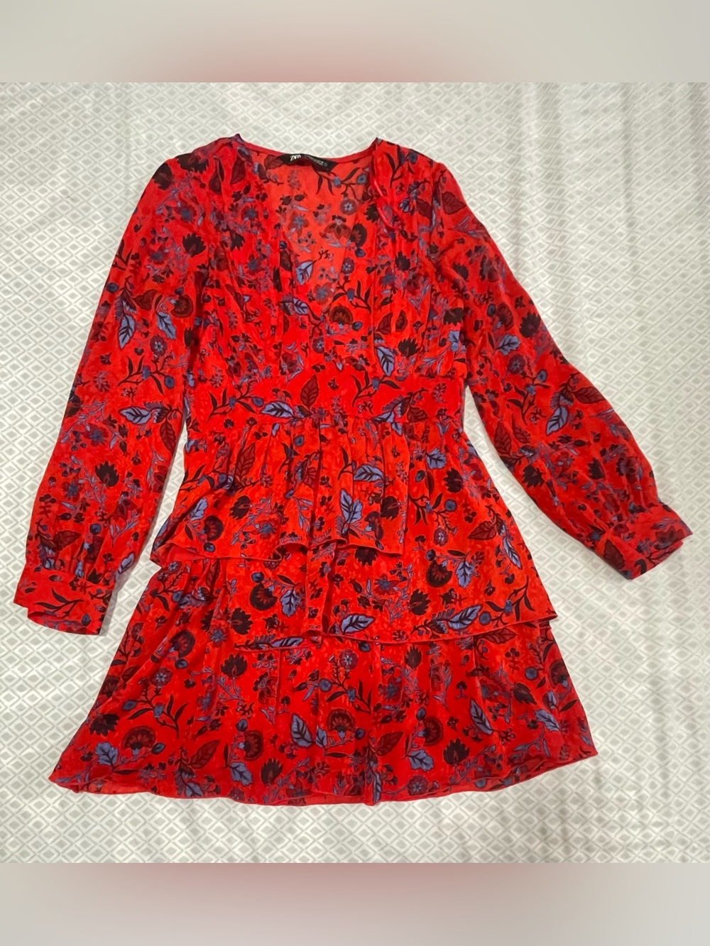 Zara Red Floral Tiered Long-Sleeve Mini Dress